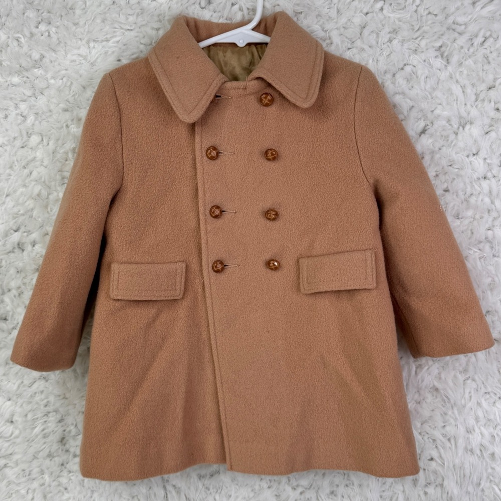 VTG Child Pea Coat Camel Wool Blend Double Breasted Kids Coat Size 4 Cute‎ togs